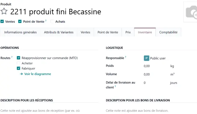Fiche produit Odoo avec routes MTO, Acheter ou Fabriquer