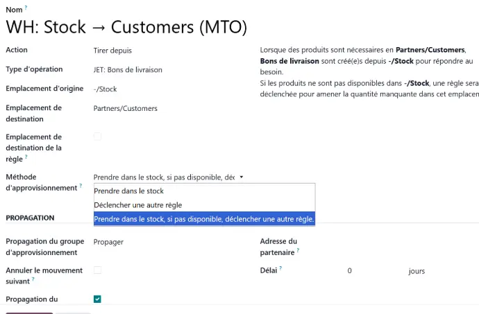 Configuration de la règle de réapprovisionnement MTO dans Odoo